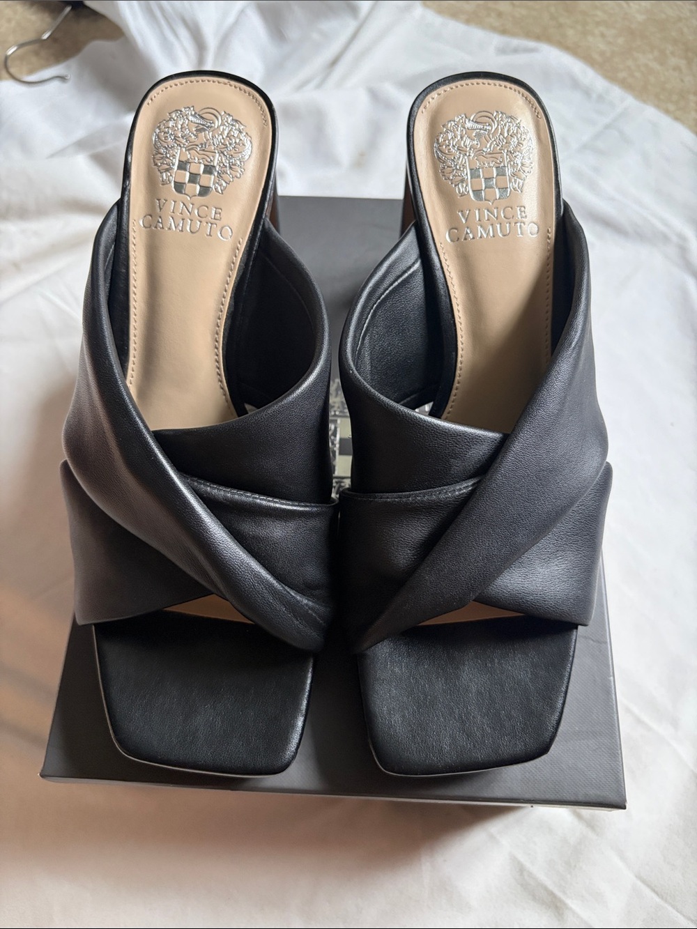 Vince Camuto Black Leather Twist Square-Toe Slide Heels